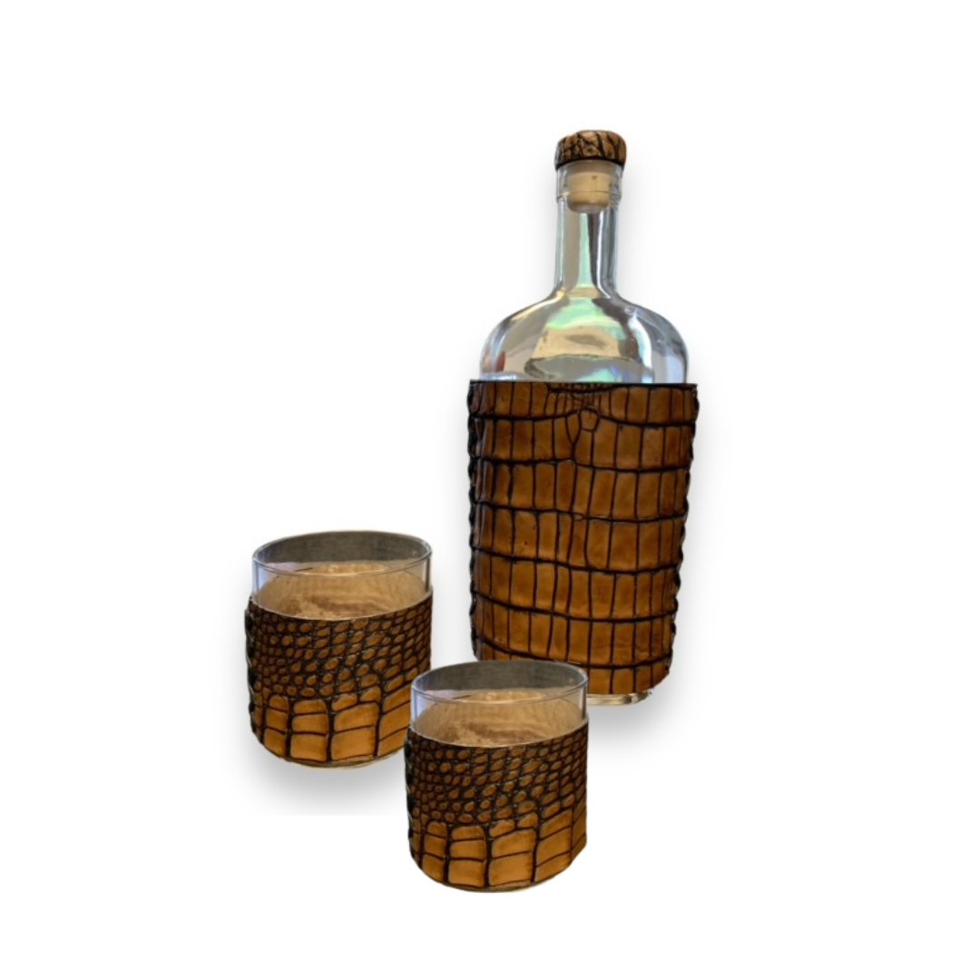 Whiskey Bottle & 2 Lowball Whiskey Glasses